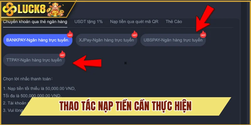 Thao tác nạp qua chuyển khoản ngân hàng